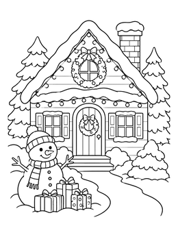 A festive house and snowman feature in this christmas village coloring page.