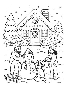 Free printable Family Building A Snowman At Gingerbread House coloring page