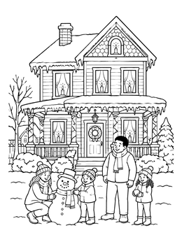 Free printable Family Building A Snowman By Victorian House coloring page