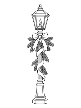 An antique gas lamp decorated with pine branches on this christmas village coloring page.