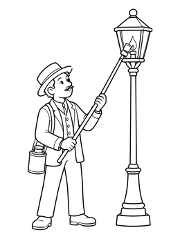 Free printable Friendly Village Lamplighter At Work coloring page