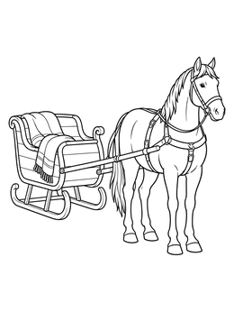 A horse-drawn sleigh with a cozy blanket on this christmas village coloring page.