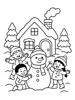 Free printable Children Building A Snowman By The Cottage coloring page