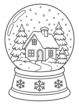 A glass snow globe featuring a cottage and pine trees on this christmas village coloring page.