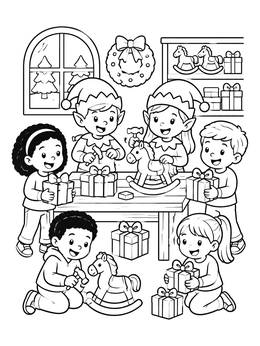 Free printable Busy Christmas Workshop Elves And Children coloring page