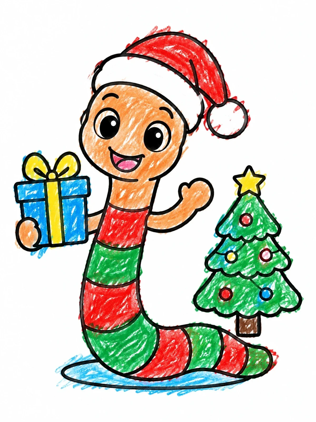 Colored example of the Cheerful Christmas Worm With Present coloring page