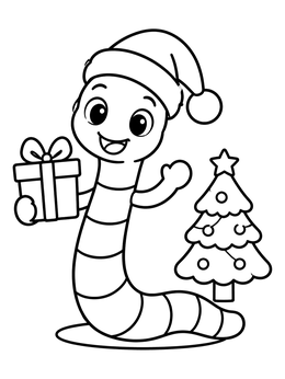 A festive worm coloring page showing a worm in a Santa hat holding a wrapped gift beside a tree.