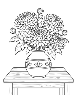 Free printable Chrysanthemum Bouquet In Ceramic Vase coloring page