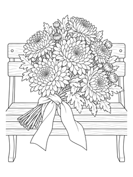 A detailed chrysanthemum coloring page showing a ribbon-tied flower bouquet on a bench.