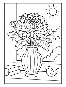 Free printable Chrysanthemum Vase On Sunny Windowsill coloring page
