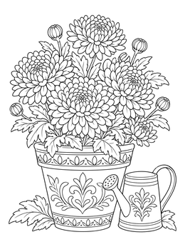 A detailed chrysanthemum coloring page featuring blooming potted flowers next to a small watering can.