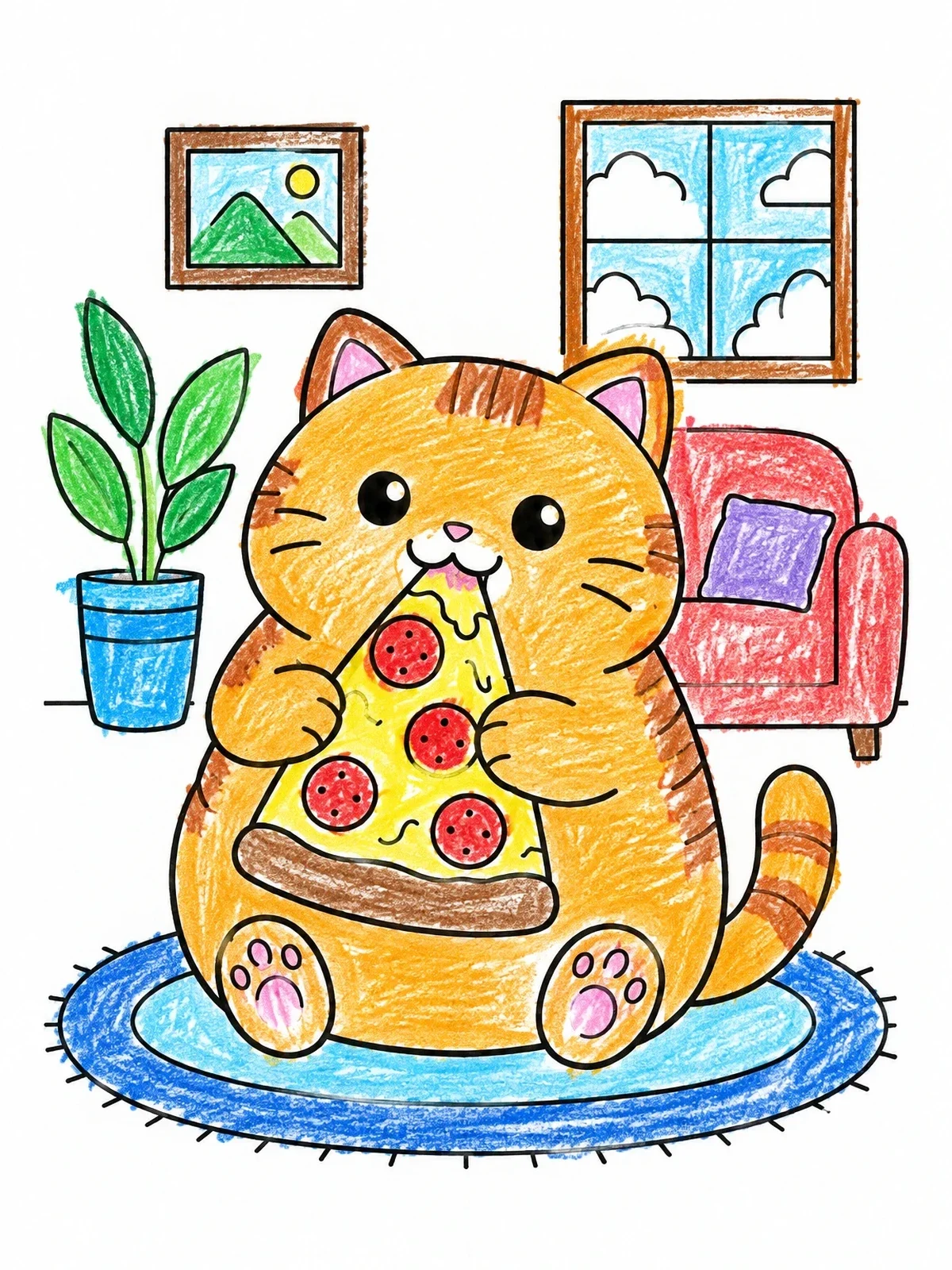 Colored example of the Chubby Cat Eating Pizza Slice coloring page