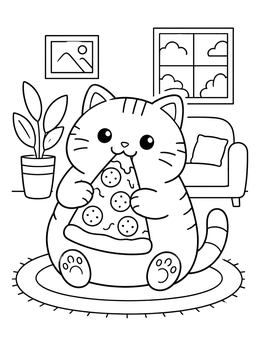 Free printable Chubby Cat Eating Pizza Slice coloring page