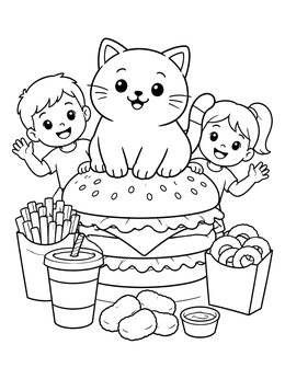 Free printable Chubby Cat On Giant Burger coloring page