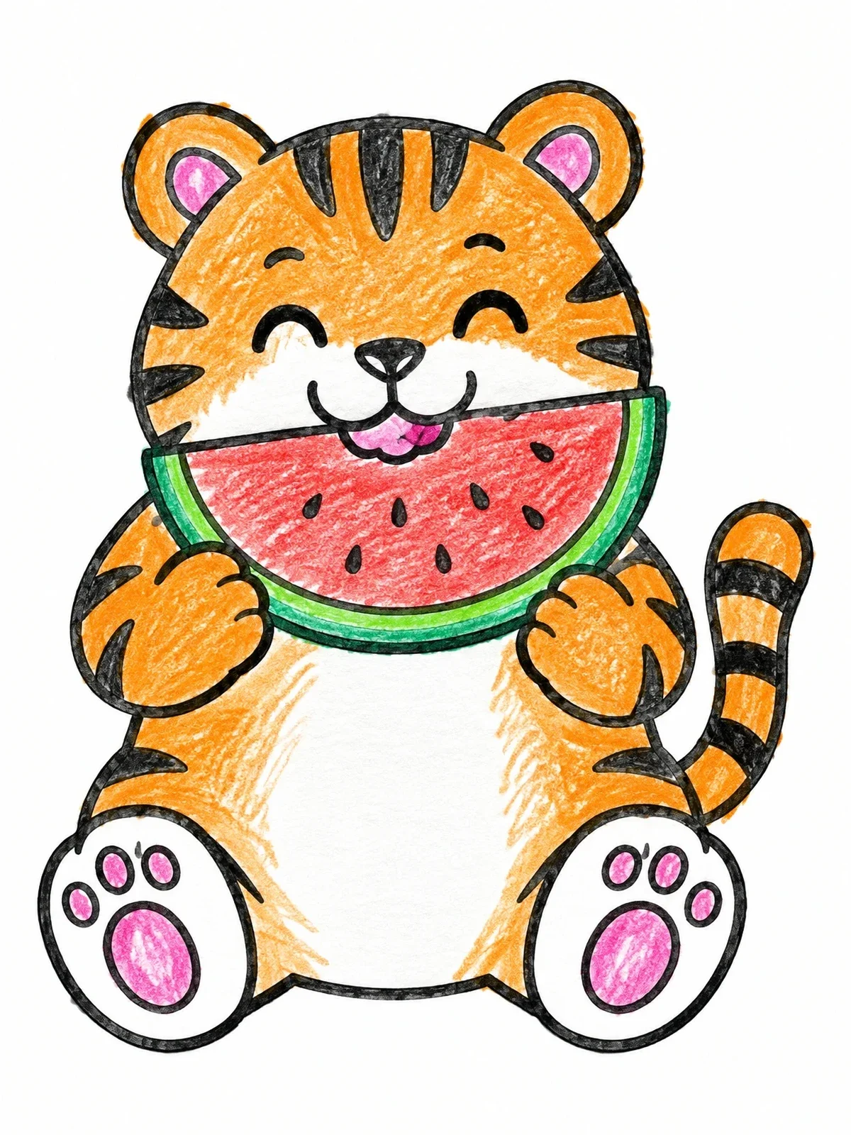 Colored example of the Chubby Tiger Eating Watermelon coloring page