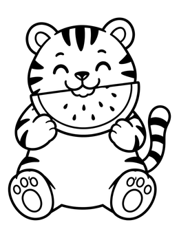A cute tiger coloring page of a chubby cub happily eating a big slice of watermelon.