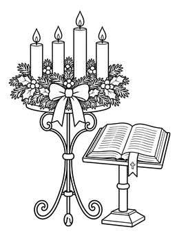 An advent wreath coloring page featuring four burning candles on an ornate stand next to an open Bible.