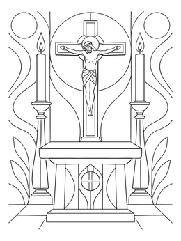 A peaceful lent coloring page showing a church altar with a crucifix and two lit candles.