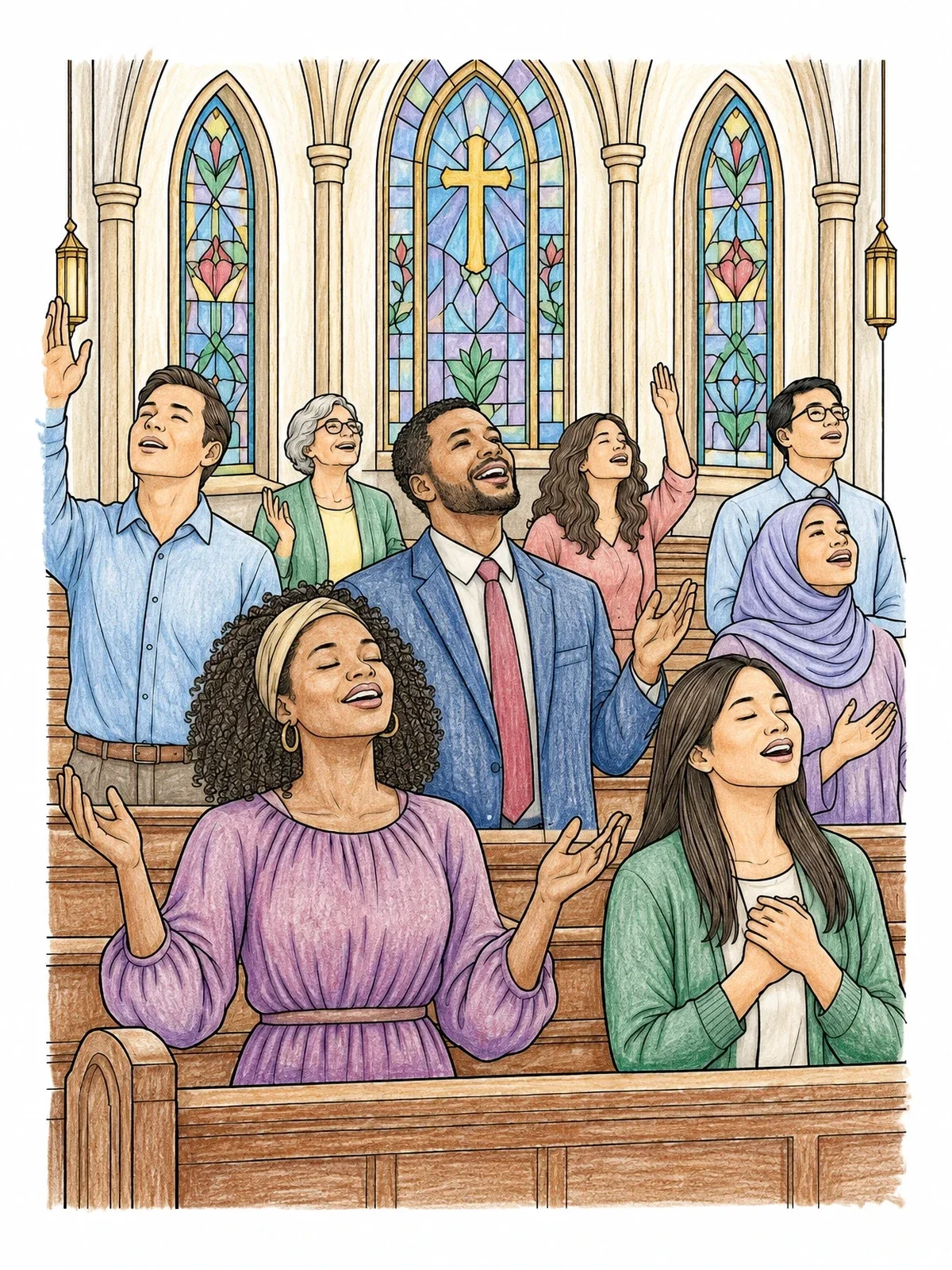 Colored example of the Church Congregation In Joyful Worship coloring page
