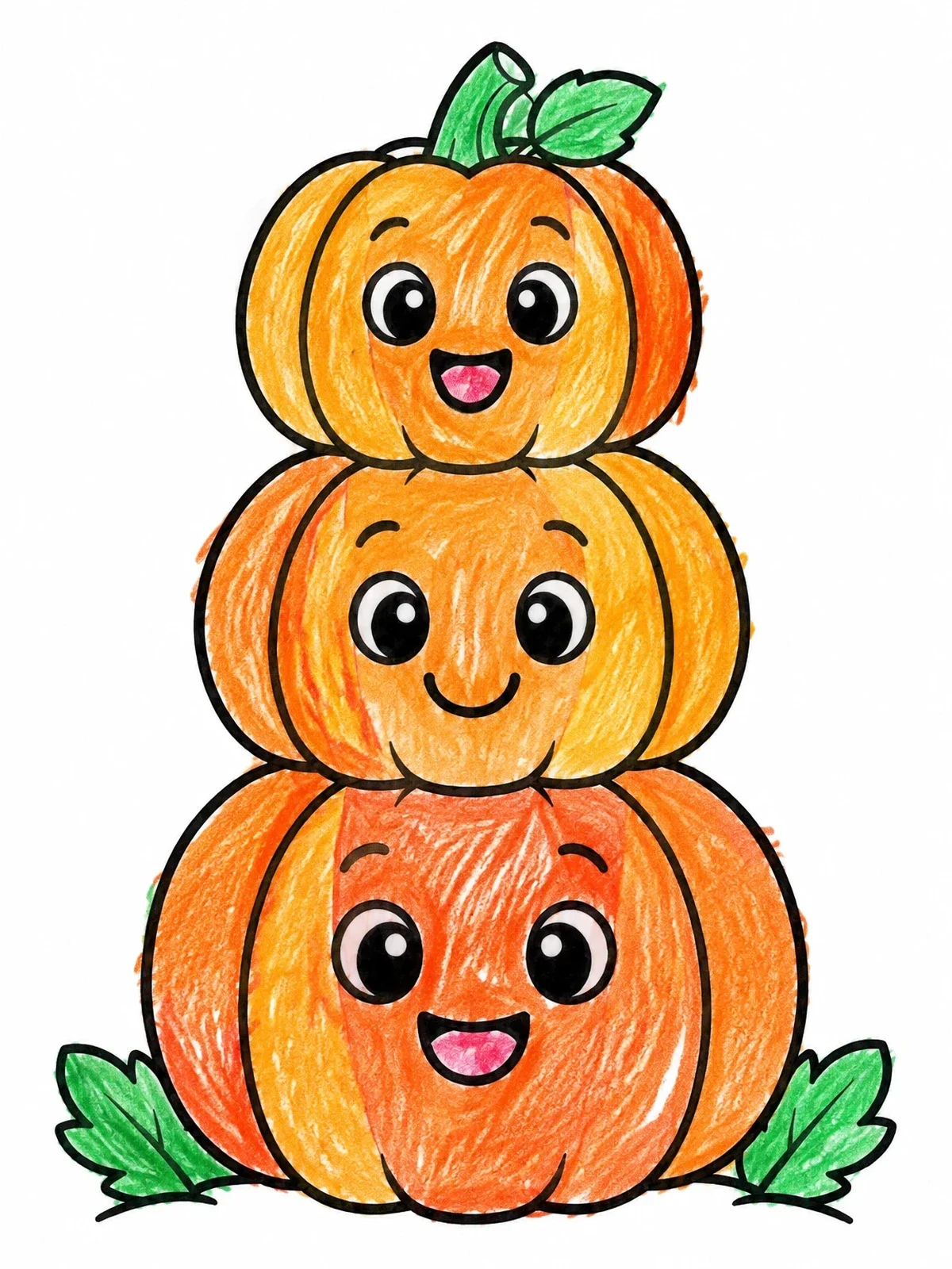 Colored example of the Cute Stacked Harvest Pumpkins coloring page