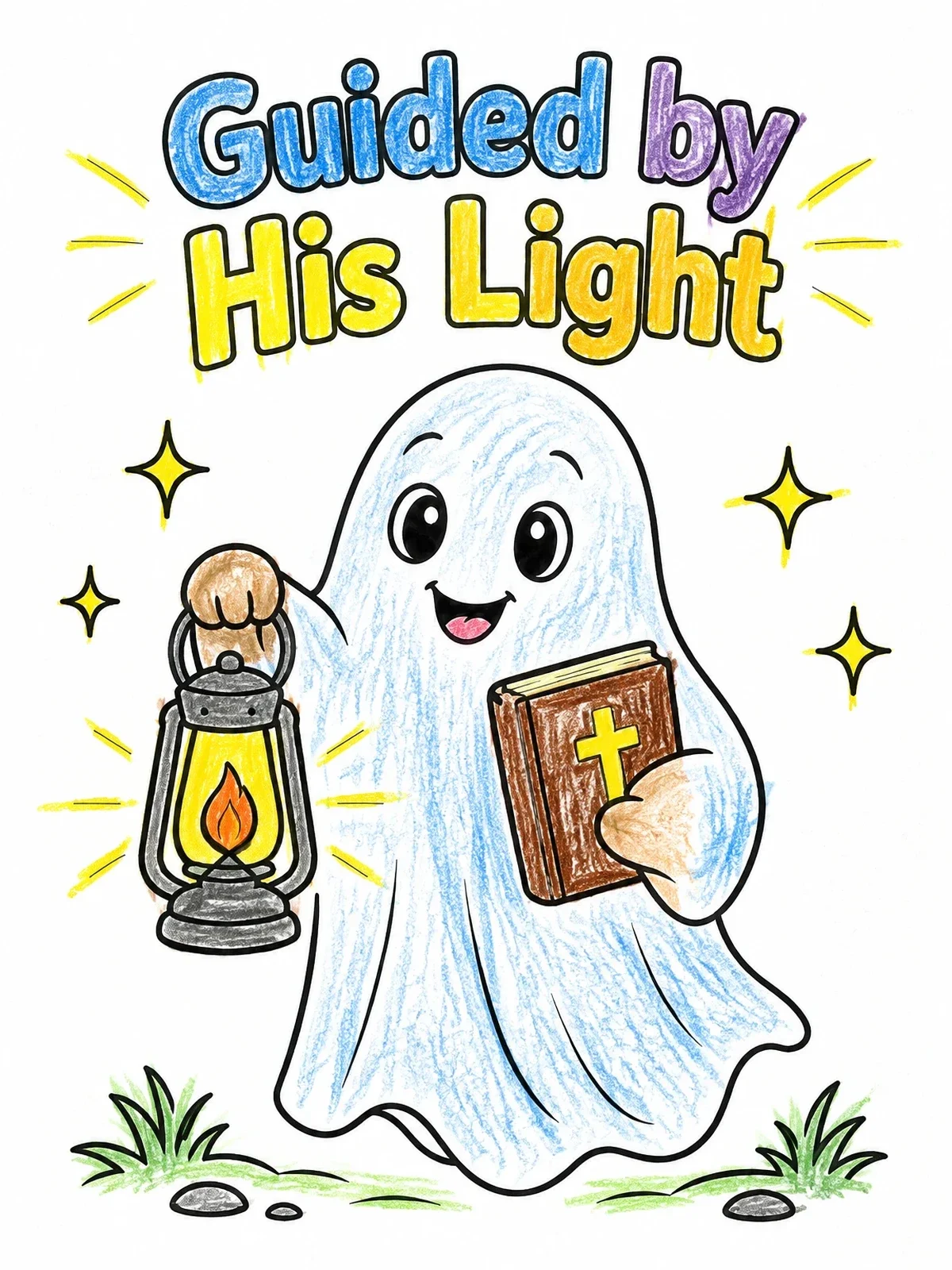 Colored example of the Friendly Ghost Guided By His Light coloring page