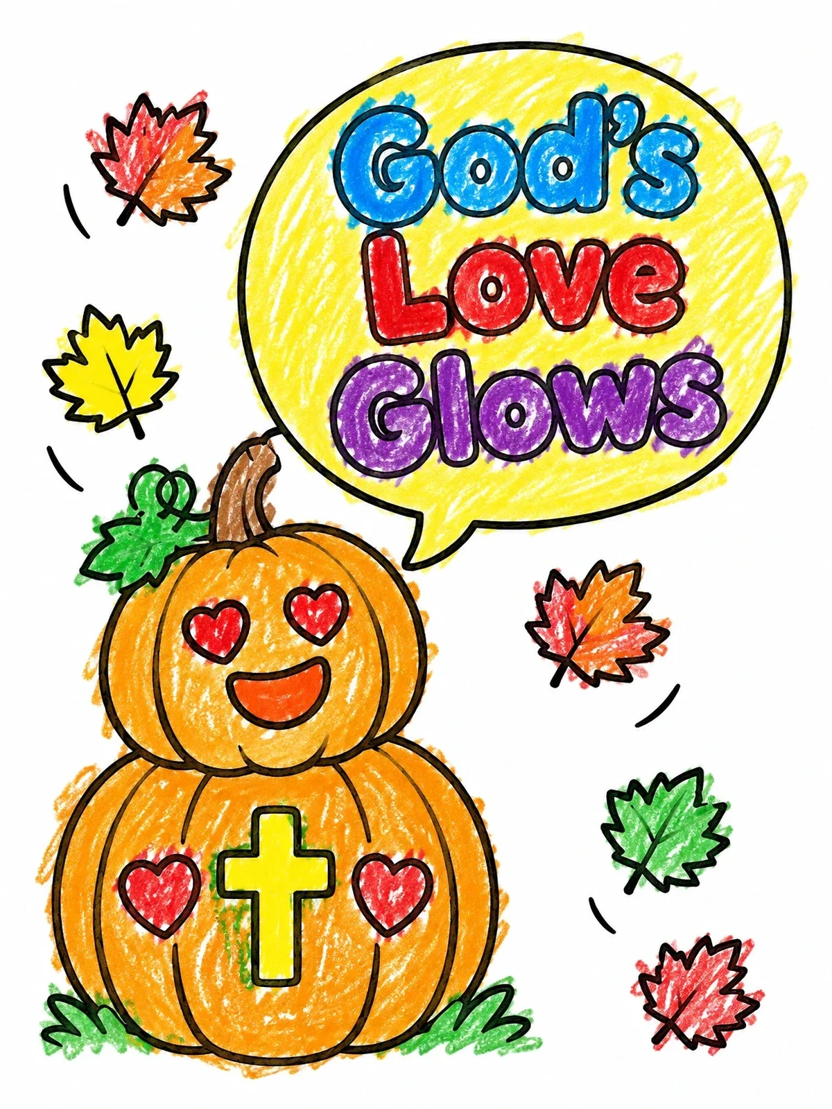 Colored example of the God's Love Glows Stacked Pumpkins coloring page