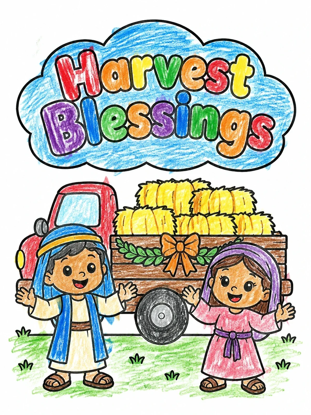 Colored example of the Harvest Blessings Hayride Celebration coloring page