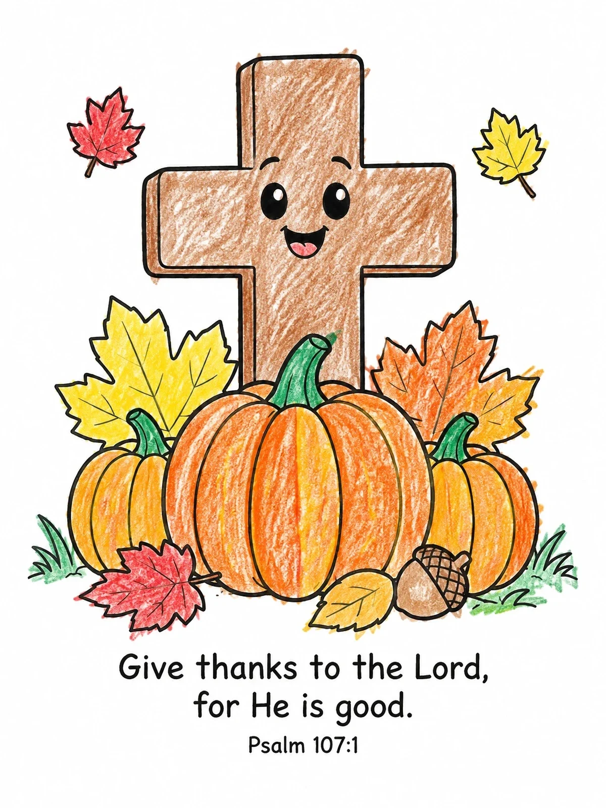 Colored example of the Harvest Cross With Pumpkins And Leaves coloring page