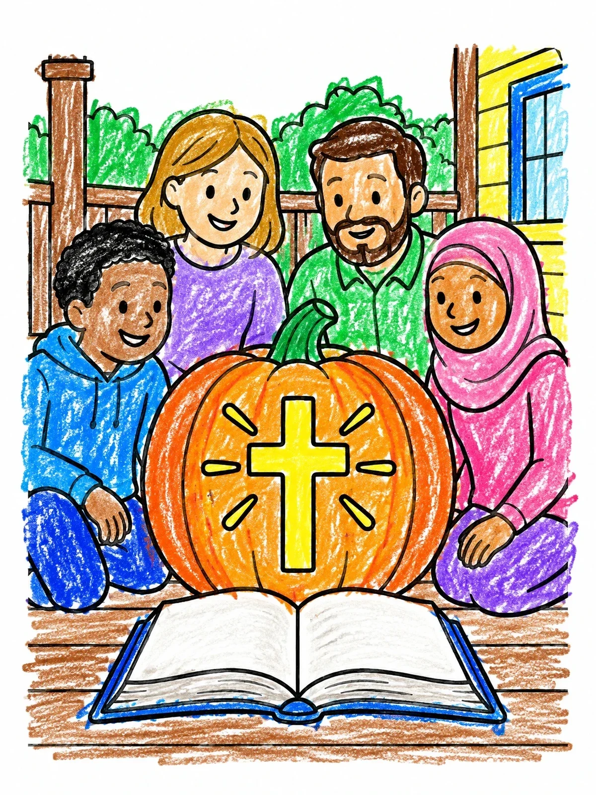 Colored example of the Harvest Pumpkin With Cross And Bible coloring page