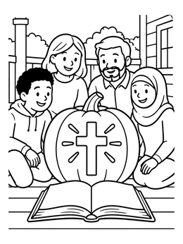 Free printable Harvest Pumpkin With Cross And Bible coloring page