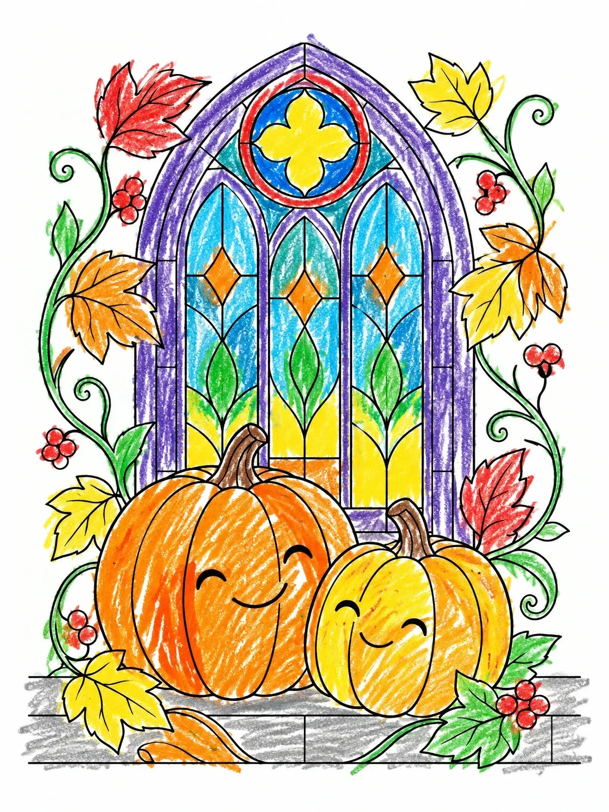 Colored example of the Harvest Pumpkins And Stained Glass Window coloring page