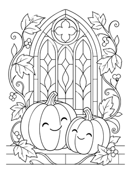 Two smiling pumpkins rest by a gothic arch in this church halloween coloring page.