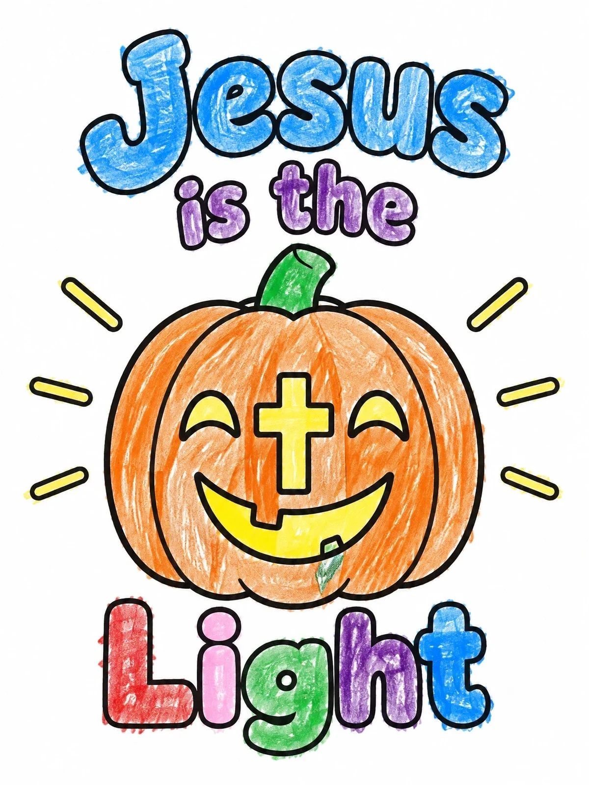 Colored example of the Jesus Is The Light Pumpkin coloring page