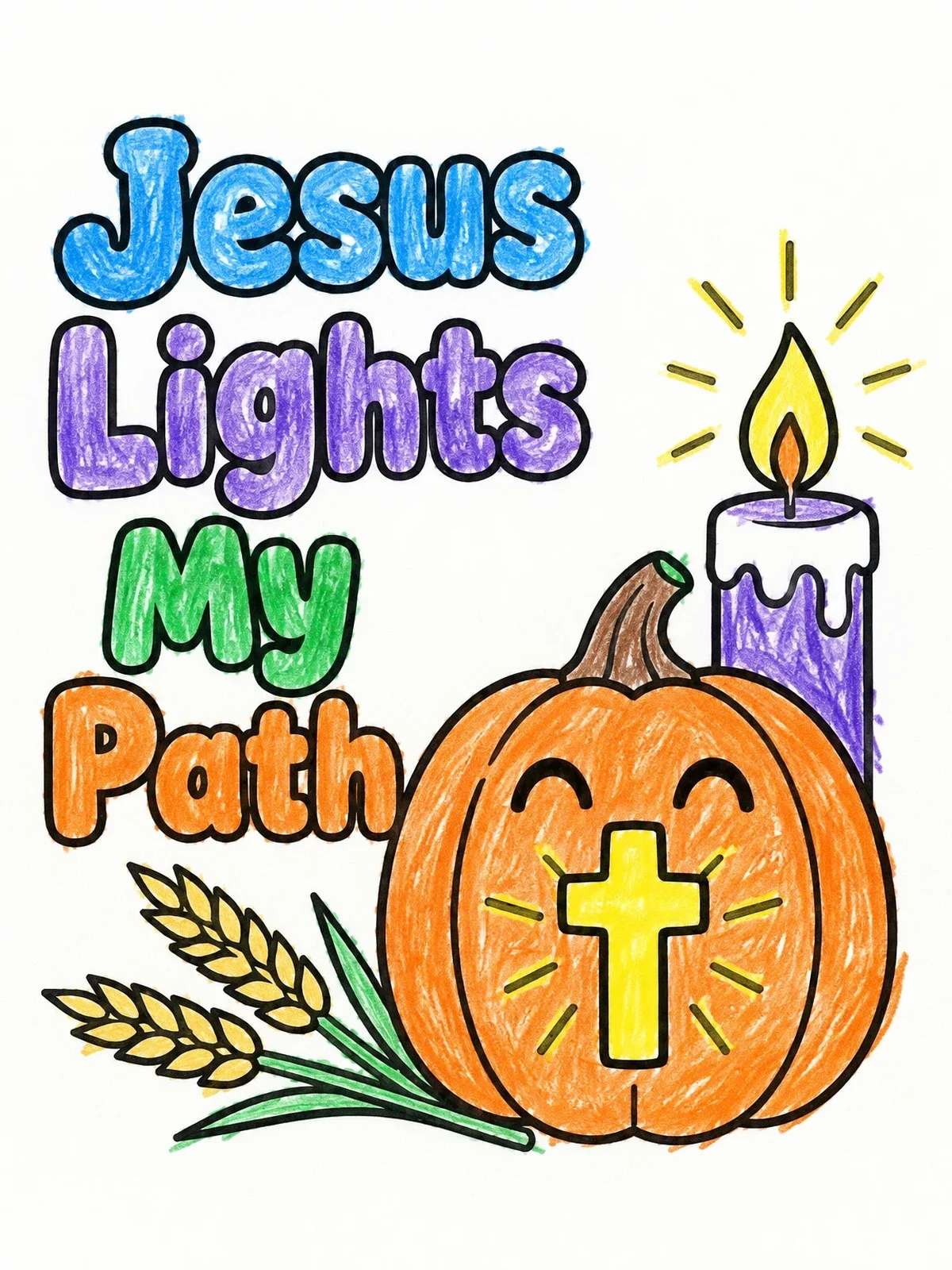 Colored example of the Jesus Lights My Path Pumpkin coloring page