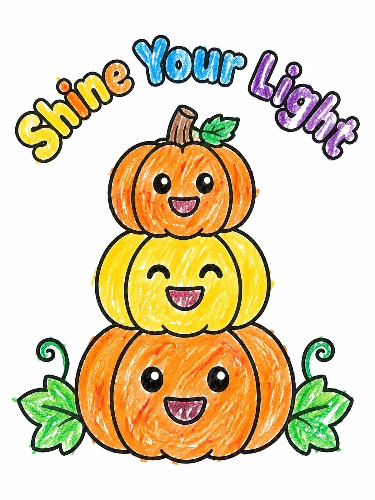 Colored example of the Shine Your Light Harvest Pumpkins coloring page