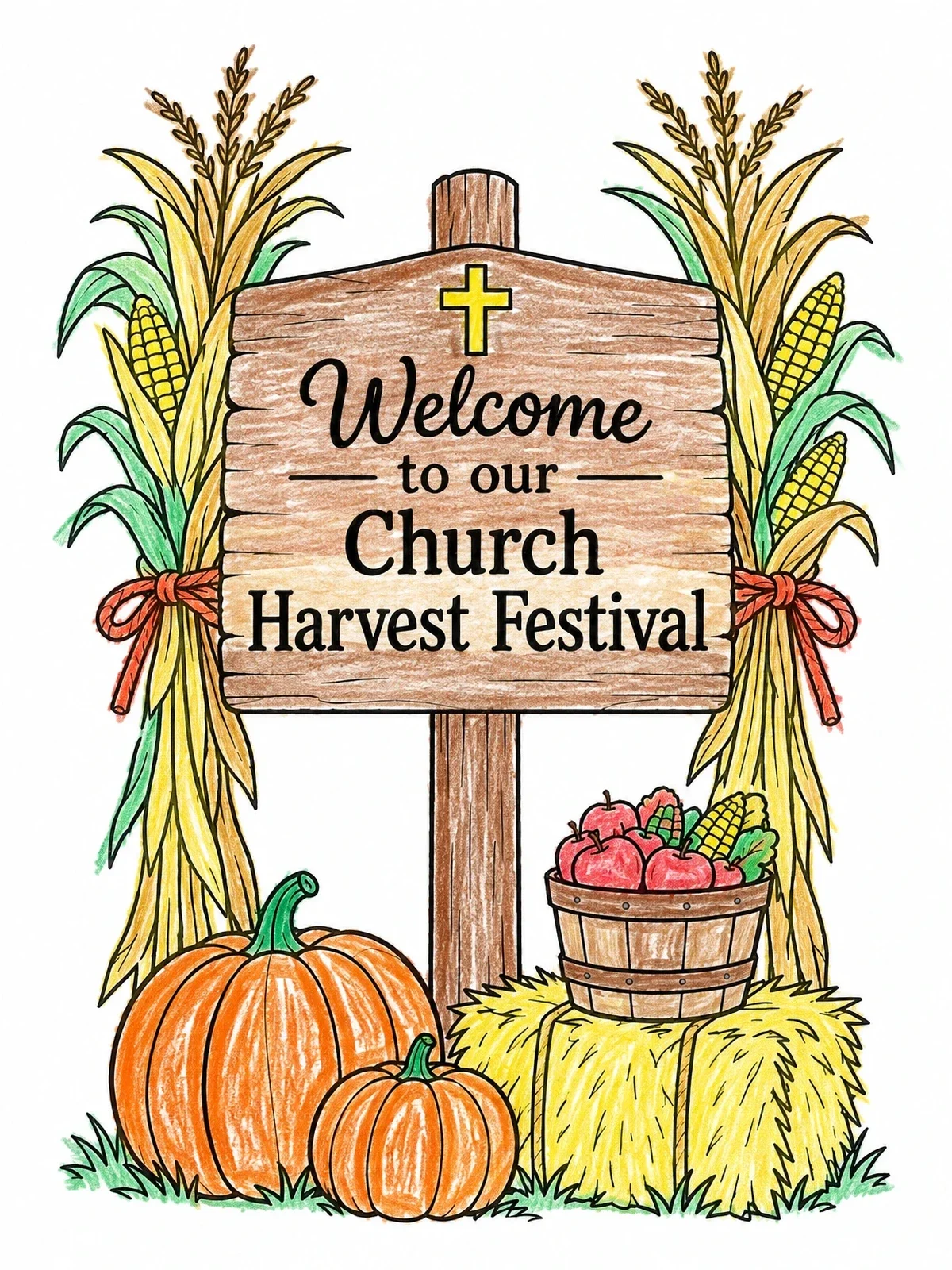 Colored example of the Church Harvest Festival Welcome Sign coloring page