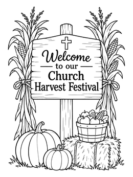A church halloween coloring page featuring a welcome sign, cornstalks, hay bale, and pumpkins.