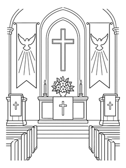 A serene church altar with banners on this pentecost sunday coloring page.