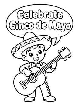 A happy cartoon boy plays guitar in this cinco de mayo coloring page.