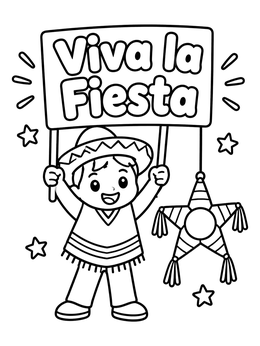 A happy boy holding a Viva la Fiesta sign beside a star pinata on a cinco de mayo coloring page.