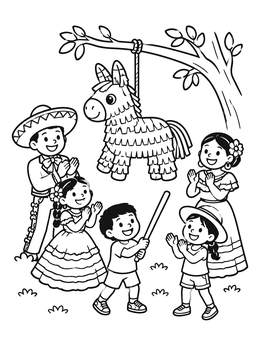 Free printable Children Playing Piñata At Celebration coloring page