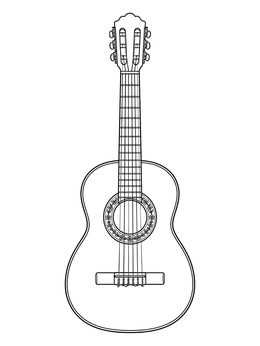 A classical guitar shines in this cinco de mayo coloring page with decorative details.