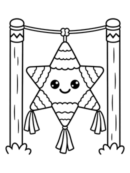 A smiling star piñata hangs on a rope in this cinco de mayo coloring page.