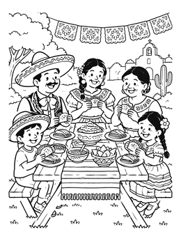 A festive cinco de mayo coloring page showing a happy family eating tacos at an outdoor picnic table.