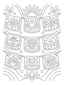 Detailed papel picado garland in a festive cinco de mayo coloring page.