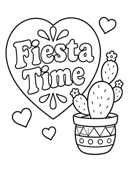 A potted cactus and hearts frame the words Fiesta Time in this cinco de mayo coloring page.