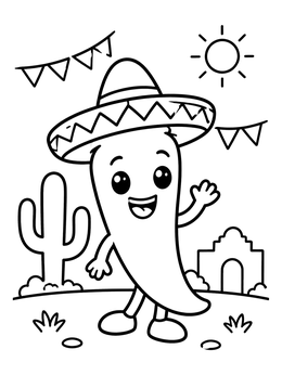Free printable Happy Chili Pepper In Sombrero coloring page