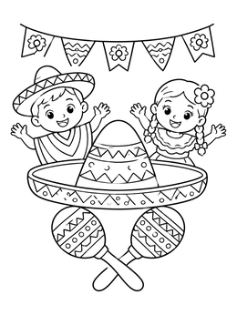 Kids celebrating with maracas and a sombrero on this cinco de mayo coloring page.