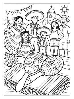 A festive cinco de mayo coloring page featuring maracas and a happy family in traditional attire.