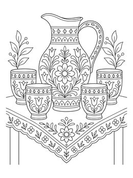 A decorative pitcher and clay cups on an embroidered tablecloth in this cinco de mayo coloring page.